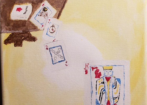 Painting on canvas of three players at a card table; a few cards fallen off the table; a King card painted painted with a red Michigan map instead of hearts.