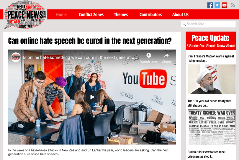 Screenshot of homepage of peacenews.com, shows headlines of a few stories