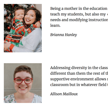 Screenshot of student website; two pictures of students, one holding a child.