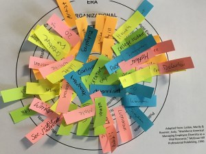 Colored post-its on top of a diagram, post-its list aspects of identity (for example, male, Lutheran, creative, social justice advocate).