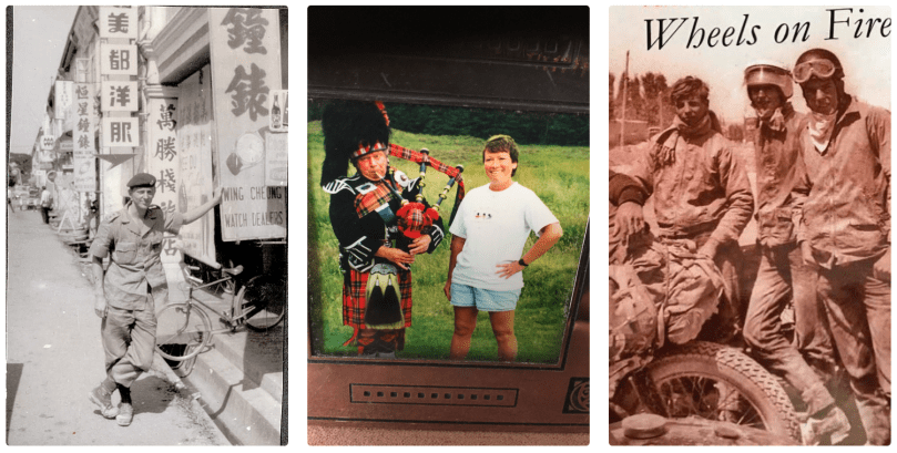Three side-by-side photos of (left) a man in military outfit, posing on street with Asian signs, in black-and-white; a woman with a man in a Scottish kilt and pipies (middle); and three men in travel outfits, goggles, scarves, and helmets on their heads (in sepia). Photo credit: John Chisholm